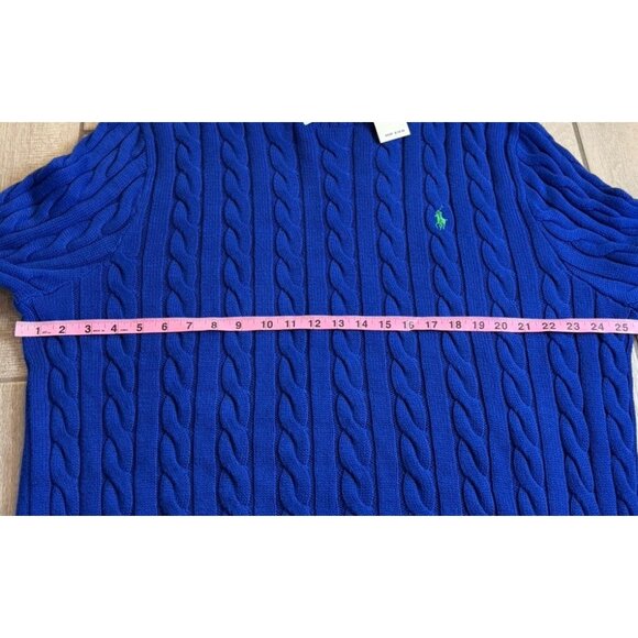 Polo Ralph Lauren XXL ROYAL BLUE CABLE Knit Crew-Neck Sweater GREEN PONY NEW - Picture 7 of 11